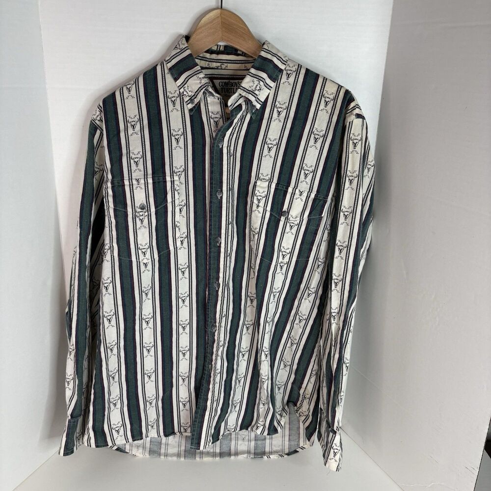 Vintage Cowboys Turtle Association Button Down Shirt Large, Striped Cow Skull
